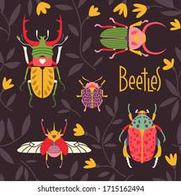 Acaramelos en el césped. Ilustración vectorial con insectos y plantas. Diseño transparente con papel pintado, envoltura, postales, tapas. Naturaleza, flores y bayas, criaturas vivientes