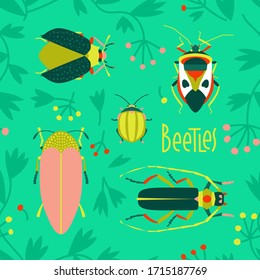 Acaramelos en el césped. Ilustración vectorial con insectos y plantas. Diseño transparente con papel pintado, envoltura, postales, tapas. Naturaleza, flores y bayas, criaturas vivientes
