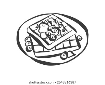 Doodle of belgian waffles with berries. Whimsical icon of breakfast in simple crayon and sketch style. Trendy art for menus and brunch invitations. Vintage vector illustration