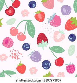 Doodle berries  and abstract elements. Vector seamless pattern. Hand drawn illustrations. 