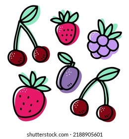 Doodle berries set. Hand-drawn strawberry, cherry, plum, raspberry, blackberry on white background. Healthy food, smoothies ingredients, diet, vitamin, organic plant. Vector gardening illustration