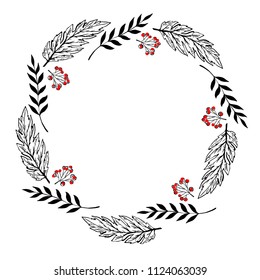 Doodle berry and leaf circle frame on a white background. Wreath of leaves. Ready template for design, postcards, printing
