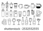 Doodle beverages. Hand drawn drinks, coffee cup, tea mug, smoothies to go, cocktails, wine glasses and bottles. Sodas, milk, cocktails and craft beers vector illustration set.