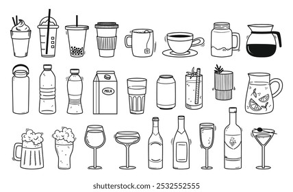 Doodle beverages. Hand drawn drinks, coffee cup, tea mug, smoothies to go, cocktails, wine glasses and bottles. Sodas, milk, cocktails and craft beers vector illustration set.