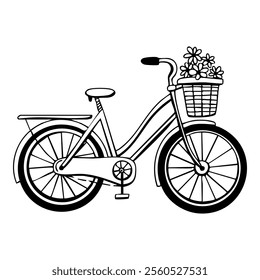 Doodle bicycle with a front basket filled with flowers. Hand drawn bike with wheels, a rear rack, and a classic frame design.