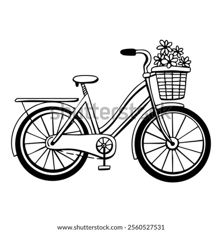 Doodle bicycle with a front basket filled with flowers. Hand drawn bike with wheels, a rear rack, and a classic frame design.