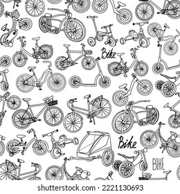 Patrón sin fisuras de la bicicleta Doodle para envolver papel, papel pintado, imprenta, textil, tela. Transporte sostenible ecológico