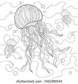 Doodle big and little jellyfishes with simple patterns, waves and bubbles. Underwater illustration on a white isolated background. For coloring book pages.