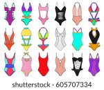 Doodle bikini set. Summer swimming suits collection. Bikini set. Swimsuit sketch. Ladies swimming suits for summer vacation. Bikini trendy collection. Fashion doodles vector illustration.