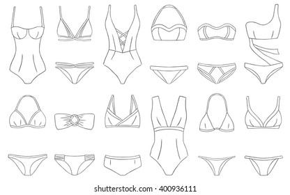 Doodle bikini set. Summer swimming suits collection. Pencil effect sketch. Ladies swimming suits for summer vacation. Fashion trendy bikini collection. Doodle vector illustration.