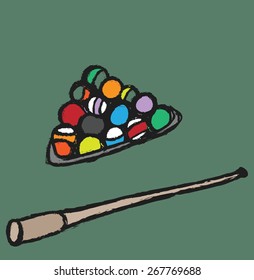 doodle billard cues and balls, vector illustration