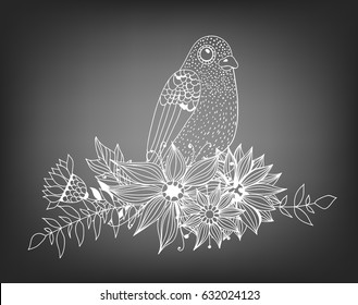 Doodle bird and bouquet of flowers and leaves on chalkboard background. Template design for invitations, cards and more.