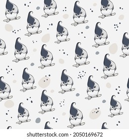Doodle bird, cartoon animals on a gray background. Seamless pattern for children. Children's Pajamas. Vector illustration. Typography of clothes, shirts, t-shirts. Hand-drawn. 