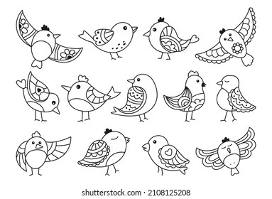 Doodle bird with different ornaments set. Contour outline comic birds, different poses, flying. Modern trendy happy character. Hand drawn flat abstract fun sparrow. Drawing vector illustration