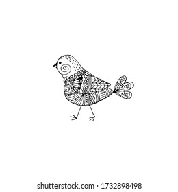 Doodle bird drawn by hand with a black pen. Zentangle Vector illustration. Black corntour. Ornament pattern. Decoration for coloring book. A relaxing book.