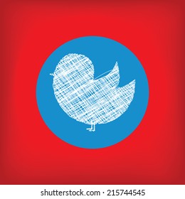 Doodle bird icon in blue circle on red background. Social network bird icon. Concept of news, blogs, communication and other information