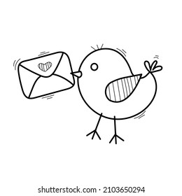 Doodle bird with love mail. Hand drawn chick with Valentine heart. Valentine's Day. Stock vector illustration on a white background.