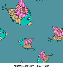 Doodle Bird vector image, seamless texture light blue tone blue bird painted patterns, red orange tone, dark blue background