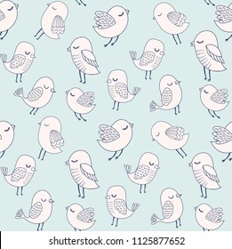 Doodle bird vector pattern. Cute outline linear seamless background.