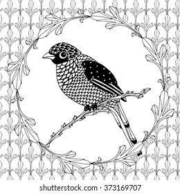  Doodle bird with wreath, zentangle vector design for colouring book
