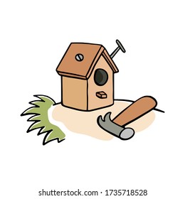 Doodle Birdhouse With Hammer, Vector Illustration Isolated On White Background