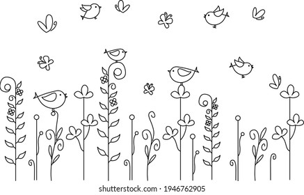 Doodle birds black line drawing summer field on white background