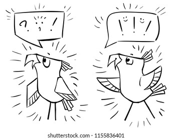 Doodle birds with bubbles - emotion shock, joy, embarrassment, dejection, happiness