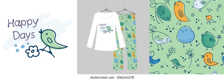 Doodle birds, cartoon animals on a white background. Seamless pattern for children. Women's, children's designer pajamas. Vector illustration. Typography of clothes, shirts, t-shirts. Hand-drawn.
