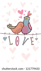 Doodle birds couple among hearts.