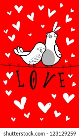 Doodle birds couple among hearts.