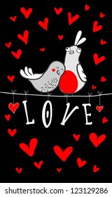 Doodle birds couple among hearts.