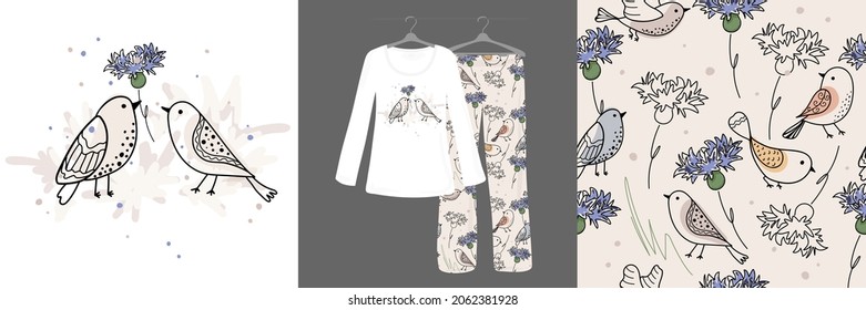 Doodle birds, flowers, cartoon animals. Happy Days. Seamless, colorful background for children. Women's, children's designer pajamas. Vector illustration. Typography of clothes, shirts, t-shirts.