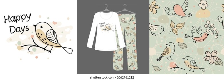 Doodle birds, flowers, cartoon animals. Happy Days. Seamless, colorful background for children. Women's, children's designer pajamas. Vector illustration. Typography of clothes, shirts, t-shirts.