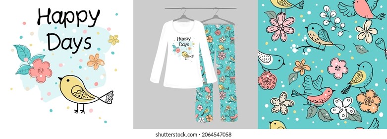 Pájaros de garabatos, flores, animales de dibujos animados. Días felices. Fondo colorido y sin mar para los niños. Pajamas de diseño para mujeres y niños. Ilustración vectorial. Tipografía de ropa, camisas, camisetas.