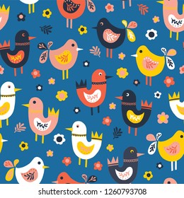 Doodle birds and flowers seamless vector pattern. Scandinavian flat style cute birds red, blue, pink, white. For fabric, kids decor, covers, easter, kids birthday, childrens wear