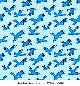 Doodle birds seamless pattern. Background  with funny flying animals in the sky. Vector illustration in cute hand drawn children style. Design element for wrapping, textile, fabric and surfaces