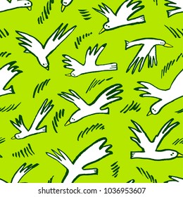 Doodle birds seamless pattern. Background  with funny flying animals in the sk. Vector illustration in cute hand drawn incomplete children style. Design element for wrapping, textile, fabric, surface