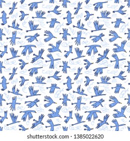 Doodle birds seamless pattern. Background  with funny flying animals in the sky. Vector illustration in cute hand drawn incomplete children style. Design element for wrapping, textile,  and surfaces