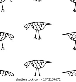 Pájaros de perro. Patrón sin foco con lindos pájaros de dibujos animados. Dibujado con un revestimiento negro sobre un fondo blanco. Impresión para textiles, papel de escritorio, papel de envoltura, carteras para portátiles.
