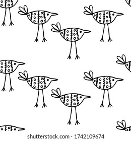 Doodle birds. Seamless pattern with cute cartoon birds. Drawn with a black liner on a white background. Print for textiles, web Wallpapers, wrapping paper, notebook covers.