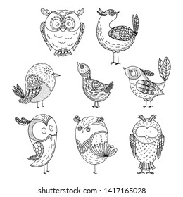 Doodle birds set. Hand drawn amasing birds on white background. 