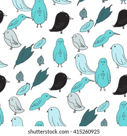 Doodle birds set. Hand drawn vector illustration. Sketch style.Seamless pattern