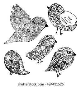 Doodle birds set. Hand drawn vector illustration. 