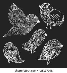 Doodle birds set. Hand drawn vector illustration.