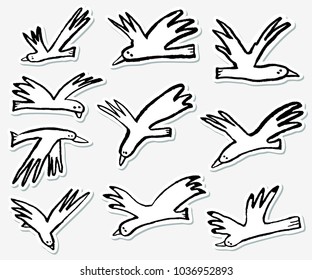 Doodle birds stickers set. Collection with funny flying animals. Vector illustration in cute hand drawn incomplete children style. Design element 