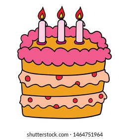 Doodle Birthday cake with candles isolated on white background. Vector illustration.   