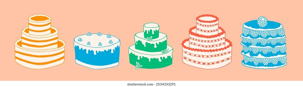 Juego de pastel de cumpleaños Doodle. Colección de postre de comida dulce y sabrosa.