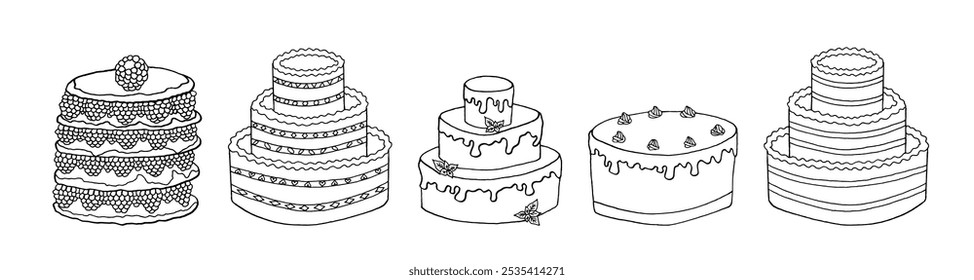 Doodle birthday cake set. Sweet tasty food coloring page for kids