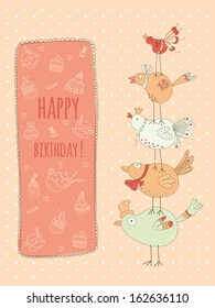 Doodle birthday card with birds. EPS 10. No transparency. No gradients.