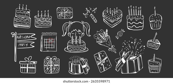 Doodle birthday celebration set. Cakes, gift boxes, calendar, fireworks, candles vector black and white design.
